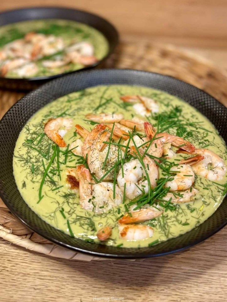 Poêlée de Crevettes à la crème de Petits pois et fanes de Fenouil