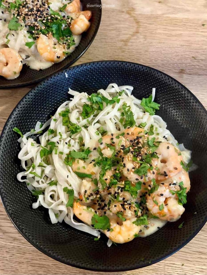 Crevettes sauce à l'ail, sésame et coriandre