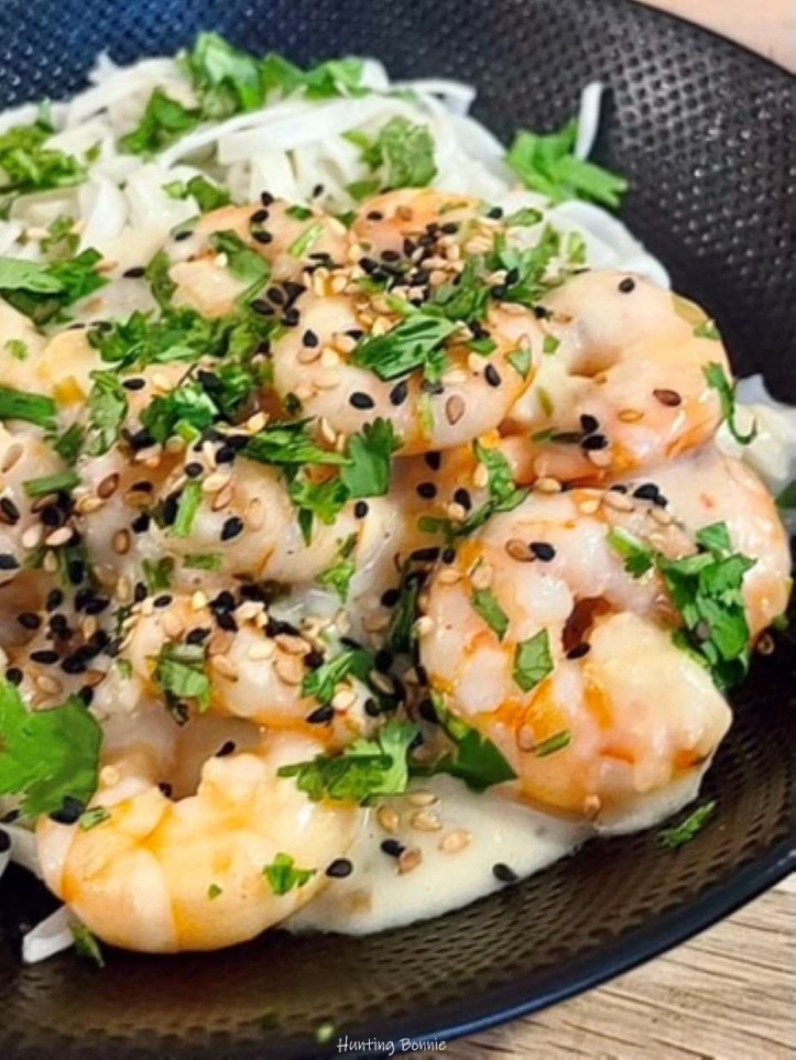 Crevettes sauce à l'ail, sésame et coriandre