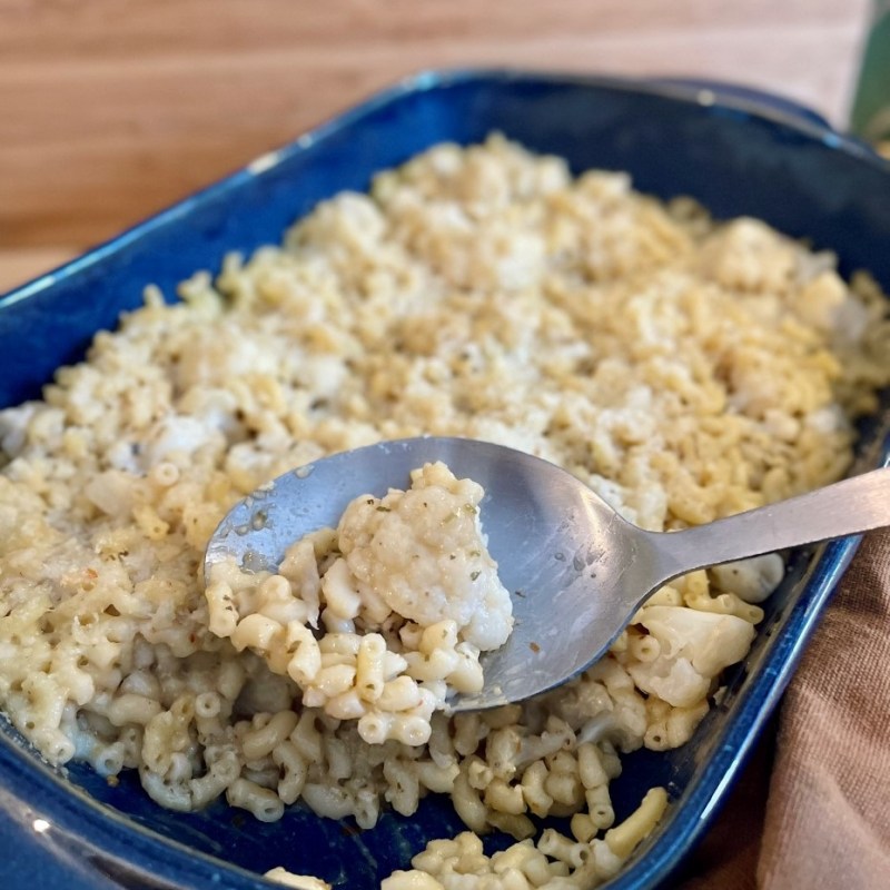 Gratin de pâtes au chou-fleur, sauce aux herbes et parmesan