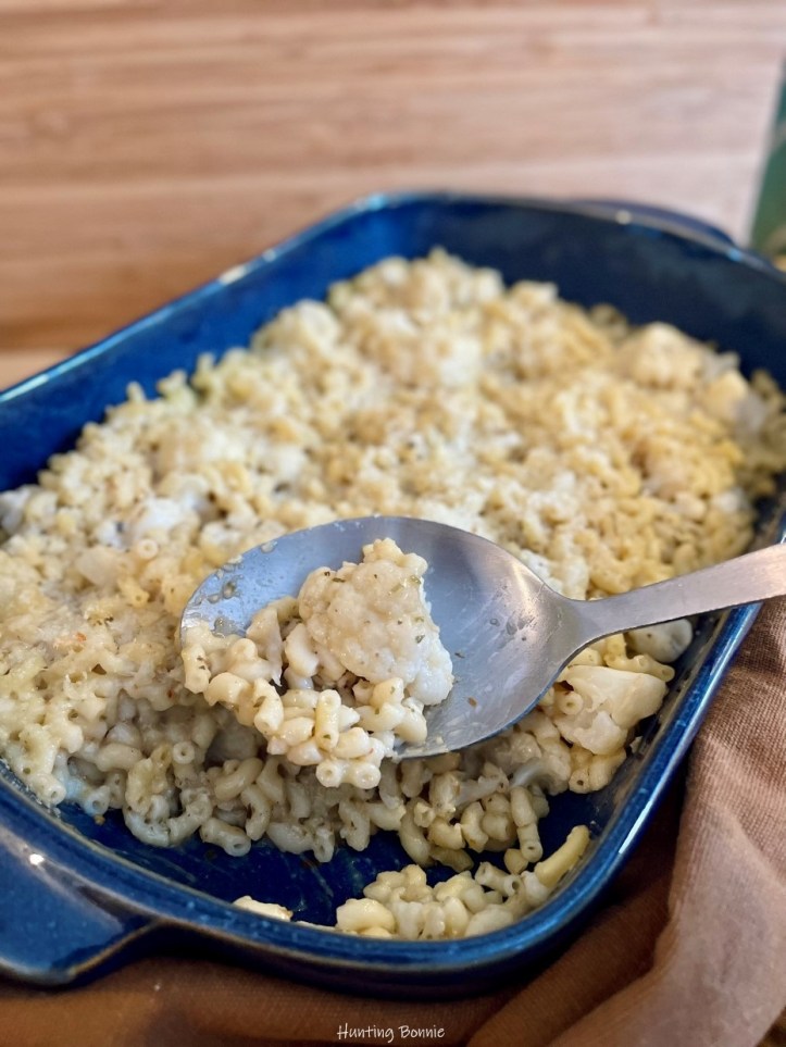 Gratin de pâtes au chou-fleur, sauce aux herbes et parmesan