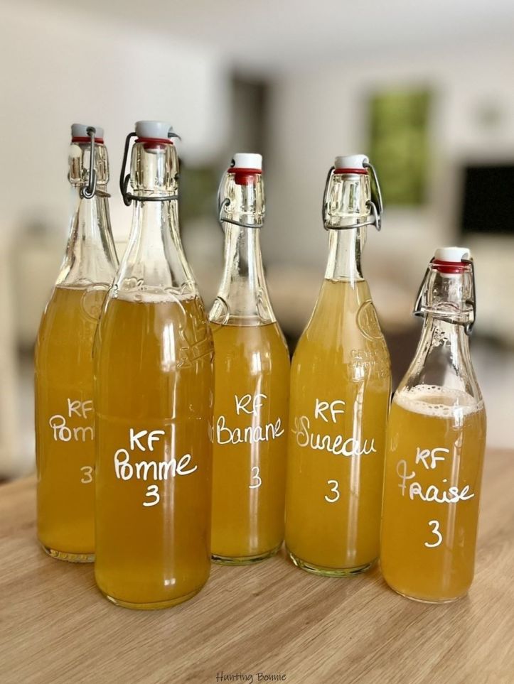 Seconde fermentation (F2) de kéfir de fruits dans des bouteilles de limonade 